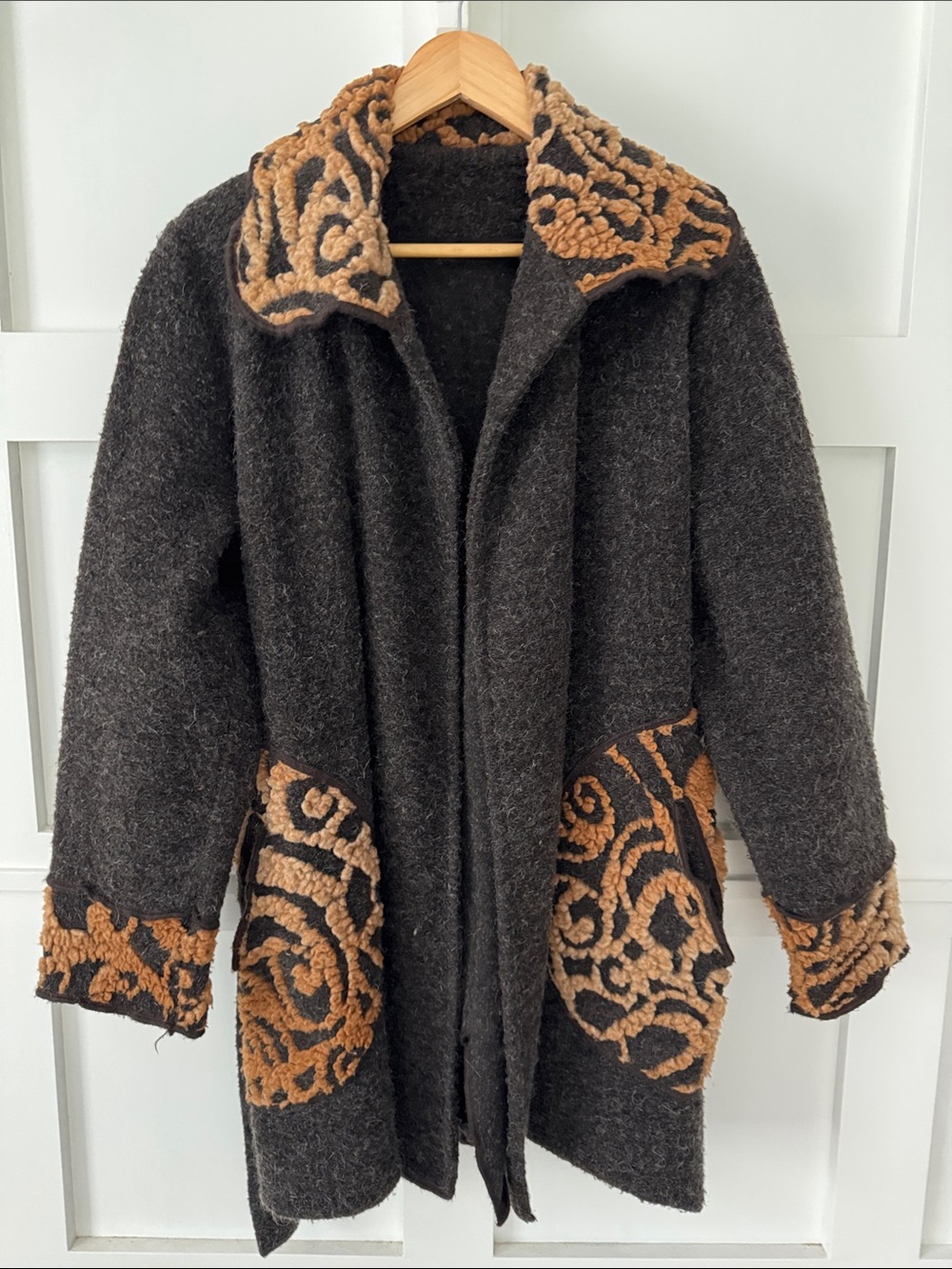 Women's Dark Gray Alpaca Wool Coat with Tan Patterned Trim, Handmade